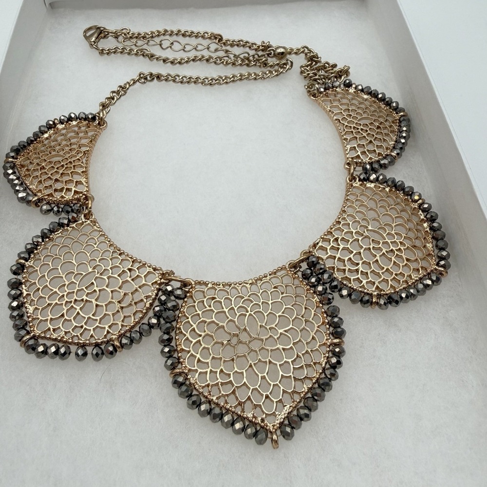 Statement Filigree Teardrop Necklace Gold Tone Dark Gray‎ Beads Bancroft